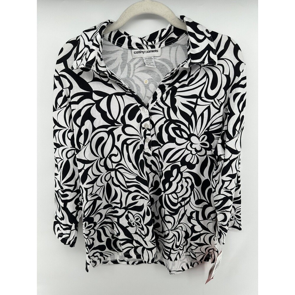 Cathy Daniels Blouse Women's M 3/4 Tab Sleeve Floral Half Button Up